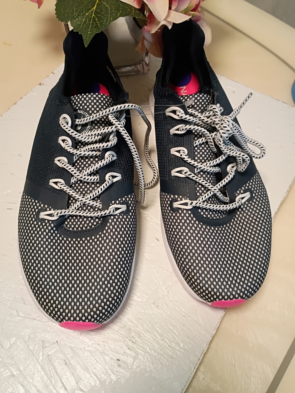 Women’s Navy Mesh Casual Sneakers with Pink Accent